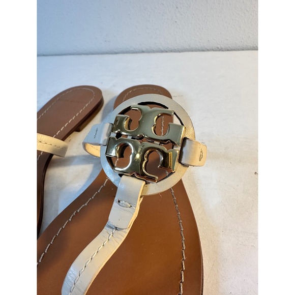 Tory Burch Mini Miller Leather Thong Sandals Size 8M Dulce De Leche Metal Logo - Picture 8 of 12